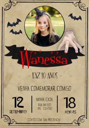 Convite Aniversário Wandinha com Mãozinha para Editar