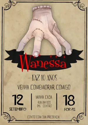 Convite Aniversário Wandinha Mãozinha para Editar Online