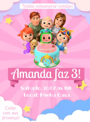 Convite de Aniversário Cocomelon para Editar Online com a Turma