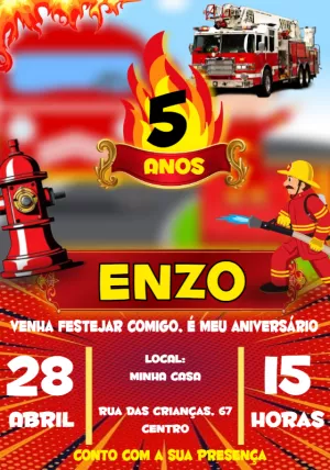 Convite de Aniversário Bombeiro Editável para Enviar Online