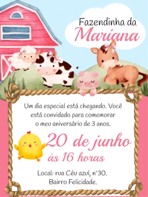 Convite Aniversário Fazendinha Rosa para Editar Online