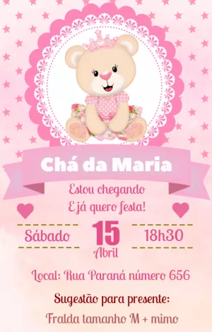 Convite Chá de Fralda Ursinha Princesa para Editar Online