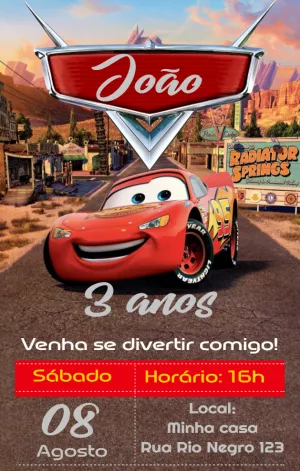 Convite de Aniversário Carros com Relâmpago McQueen para Editar