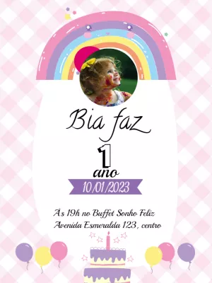 Convite de Aniversário Arco-íris com Foto para Editar Online