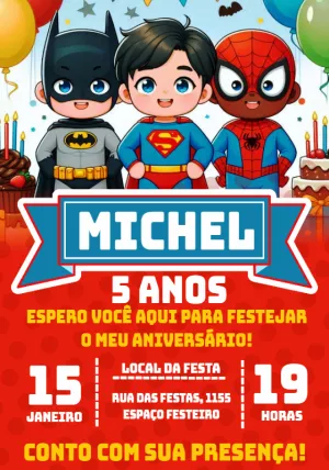 Convite de Aniversário Super Heróis para Editar Online