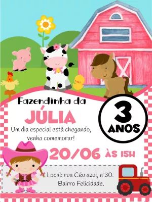 Convite Aniversário Fazendinha Menina para Editar Online