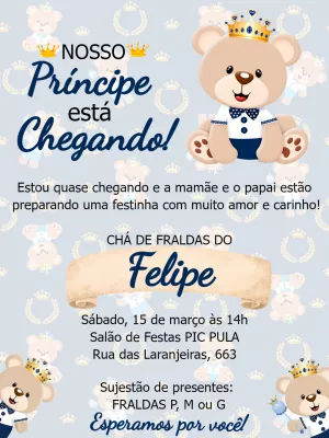 Convite Chá de Bebê Ursinho Príncipe para Editar Online