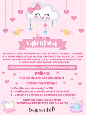 Convite Chá Rifa Chuva de Amor com Nuvem para Editar Online