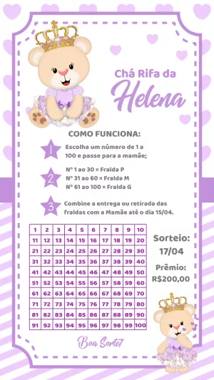 Chá Rifa Ursinha Princesa Lilás para Editar Online