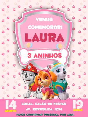 Convite Aniversário Patrulha Canina Rosa para Editar Online