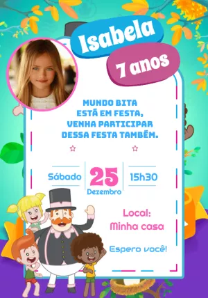 Convite Aniversário Mundo Bita com Foto para Editar Online