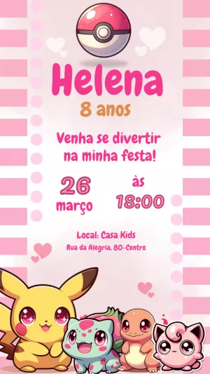 Convite Aniversário Pokémon Rosa Menina para Editar Online