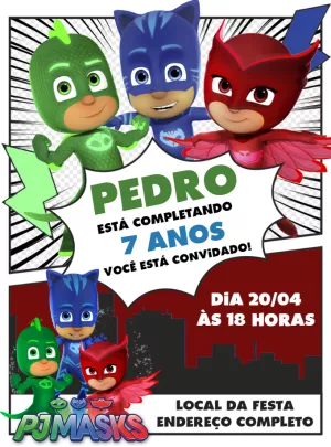Convite de Aniversário PJ Masks com Heróis para Editar