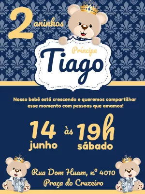 Convite de Aniversário Ursinho Príncipe para Editar Online