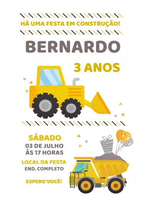 Convite de Aniversário Construção com Trator para Editar Online