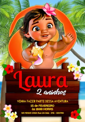 Convite de Aniversário Moana Baby para Editar e Imprimir