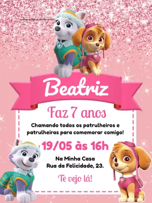 Convite Aniversário Patrulha Canina Skye e Everest para Editar