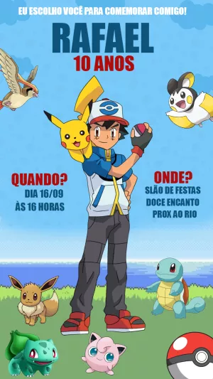 Convite de Aniversário Pokémon com Personagens para Editar Online