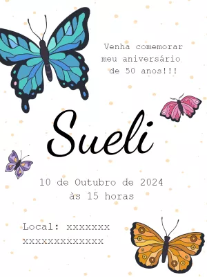 Convite de Aniversário com Borboletas Coloridas para Editar