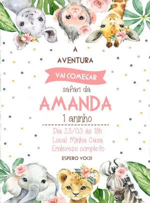 Convite de Aniversário Safari Rosa com Animais para Editar Online