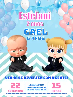 Convite Aniversário Duplo Poderoso Chefinho para Editar Online