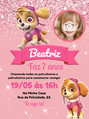 Convite de Aniversário Skye Patrulha Canina com Foto para Editar