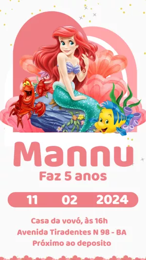 Convite Aniversário Pequena Sereia com Ariel para Editar Online