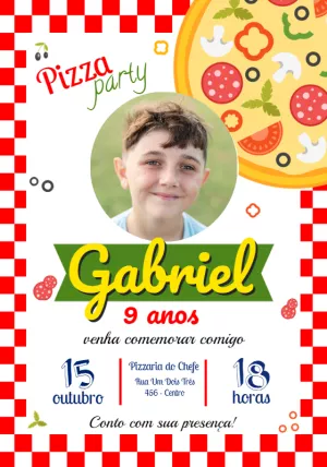 Convite Aniversário Festa Pizza com Foto para Editar Online