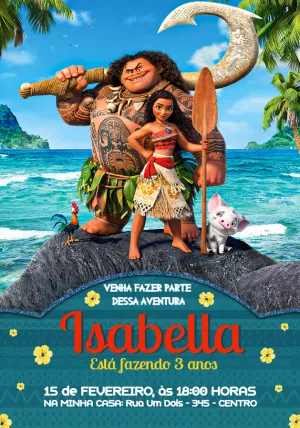Convite Aniversário Moana com Personagens para Editar Online