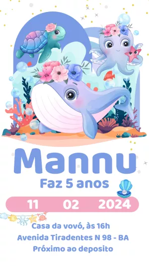 Convite Aniversário Fundo do Mar Menina com Baleia para Editar
