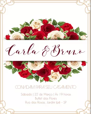 Convite de Casamento com Rosas Vermelhas e Dourado para Editar