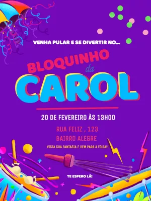 Convite Editável de Aniversário com Tema de Bloquinho de Carnaval