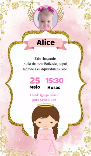 Convite de Batizado Menina Glitter com Foto para Editar Online