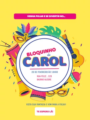 Convite de Aniversário Tema Carnaval com Instrumentos para Editar