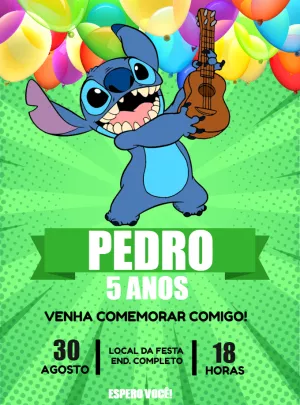 Convite de Aniversário Stitch para Editar Online e Imprimir