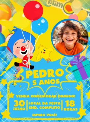 Convite de Aniversário Plim Plim com Foto para Editar Online