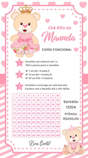 Chá Rifa Ursinha Princesa: Convite Editável para Imprimir