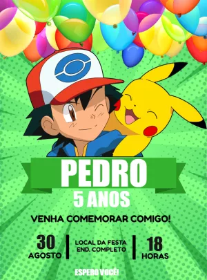 Convite de Aniversário Pokémon com Ash e Pikachu para Editar Online