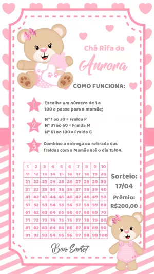 Convite Chá Rifa Ursinha Rosa Editável para Imprimir