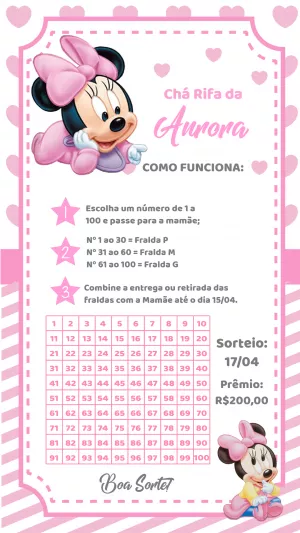 Chá Rifa Minnie Baby Rosa Editável para Imprimir e Enviar