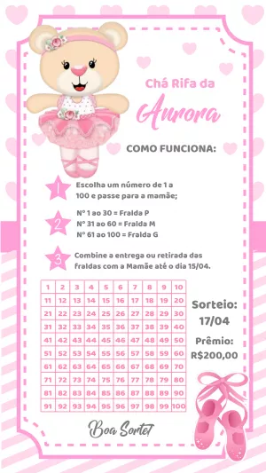 Convite Chá Rifa Ursinha Bailarina para Editar Online