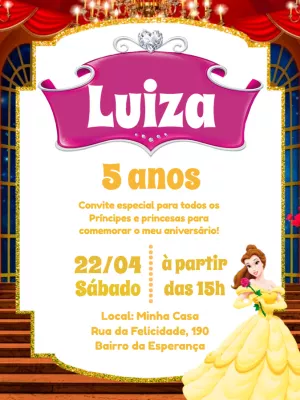 Convite Aniversário Princesa Bela para Editar Online