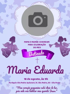 Convite de Batizado Roxo com Foto e Anjos para Editar