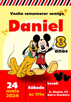 Convite Aniversário Mickey Mouse e Pluto Clássico para Editar