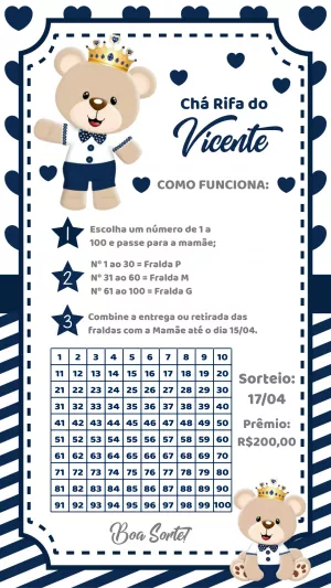 Chá Rifa Ursinho Príncipe: Convite Editável para Personalizar
