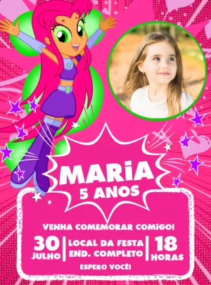 Convite Aniversário Estelar Jovens Titãs com Foto para Editar