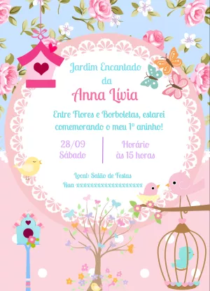 Convite Aniversário Jardim Encantado com Pássaros para Editar