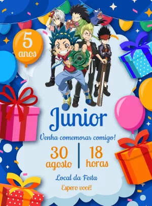 Convite de Aniversário Beyblade com Personagens para Editar
