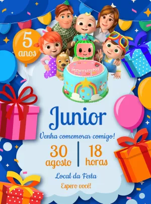Convite de Aniversário Cocomelon com a Turma para Editar Online