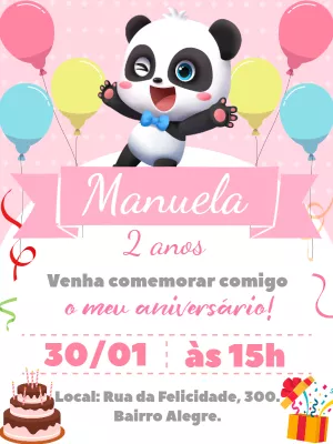 Convite Aniversário Panda Baby Bus Rosa para Editar Online